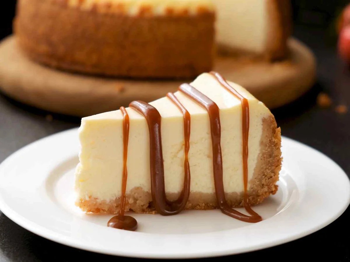 A cheesecake slice drizzled with caramel on a white plate
