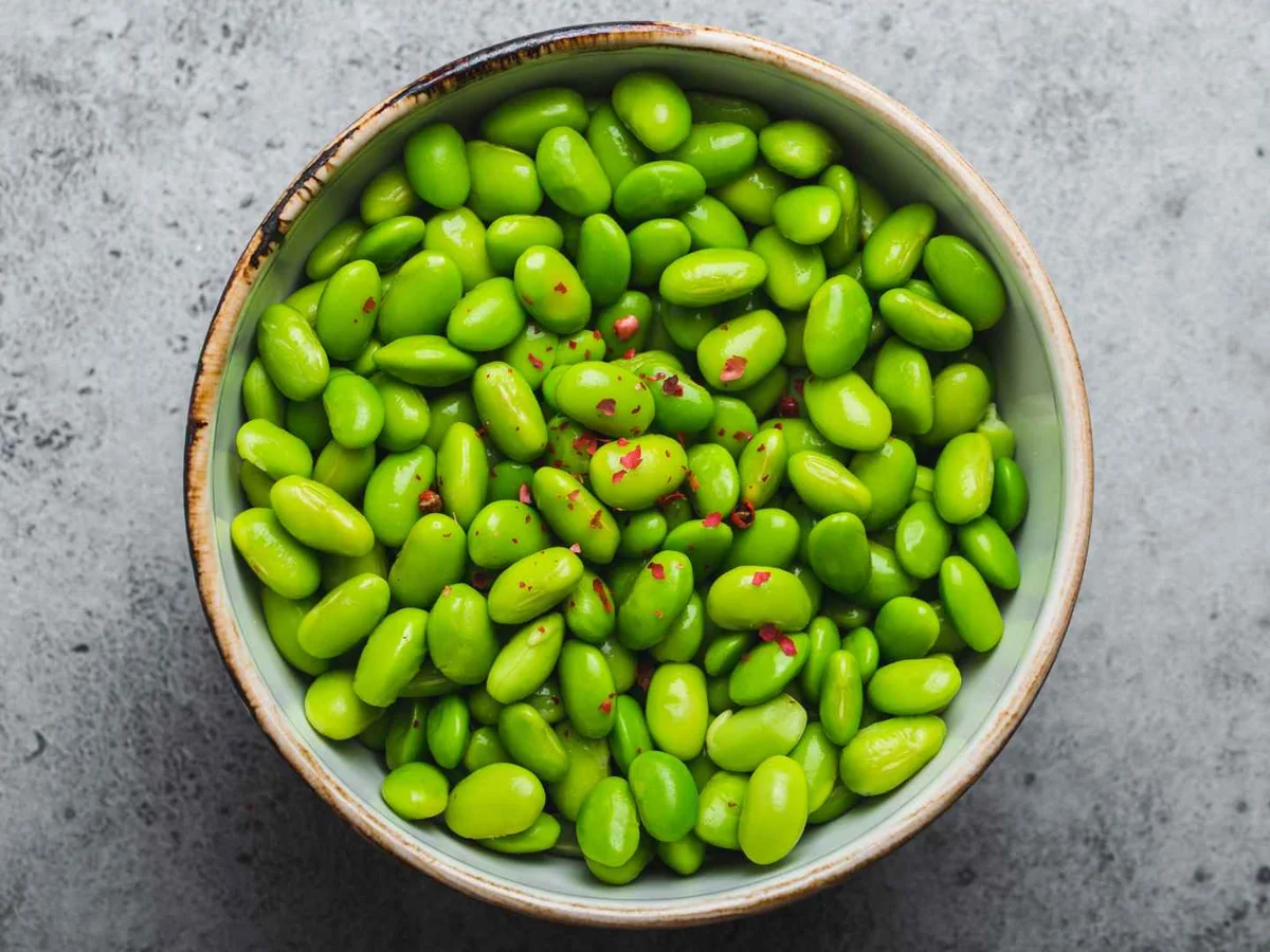 Shelled edamame beans in a round bowl