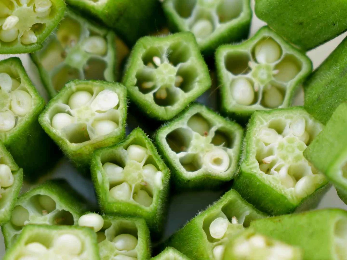 Close-up of sliced green okra
