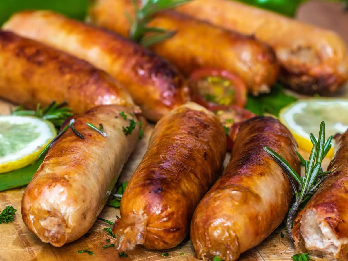 Grilled sausages with rosemary and a lime wedge