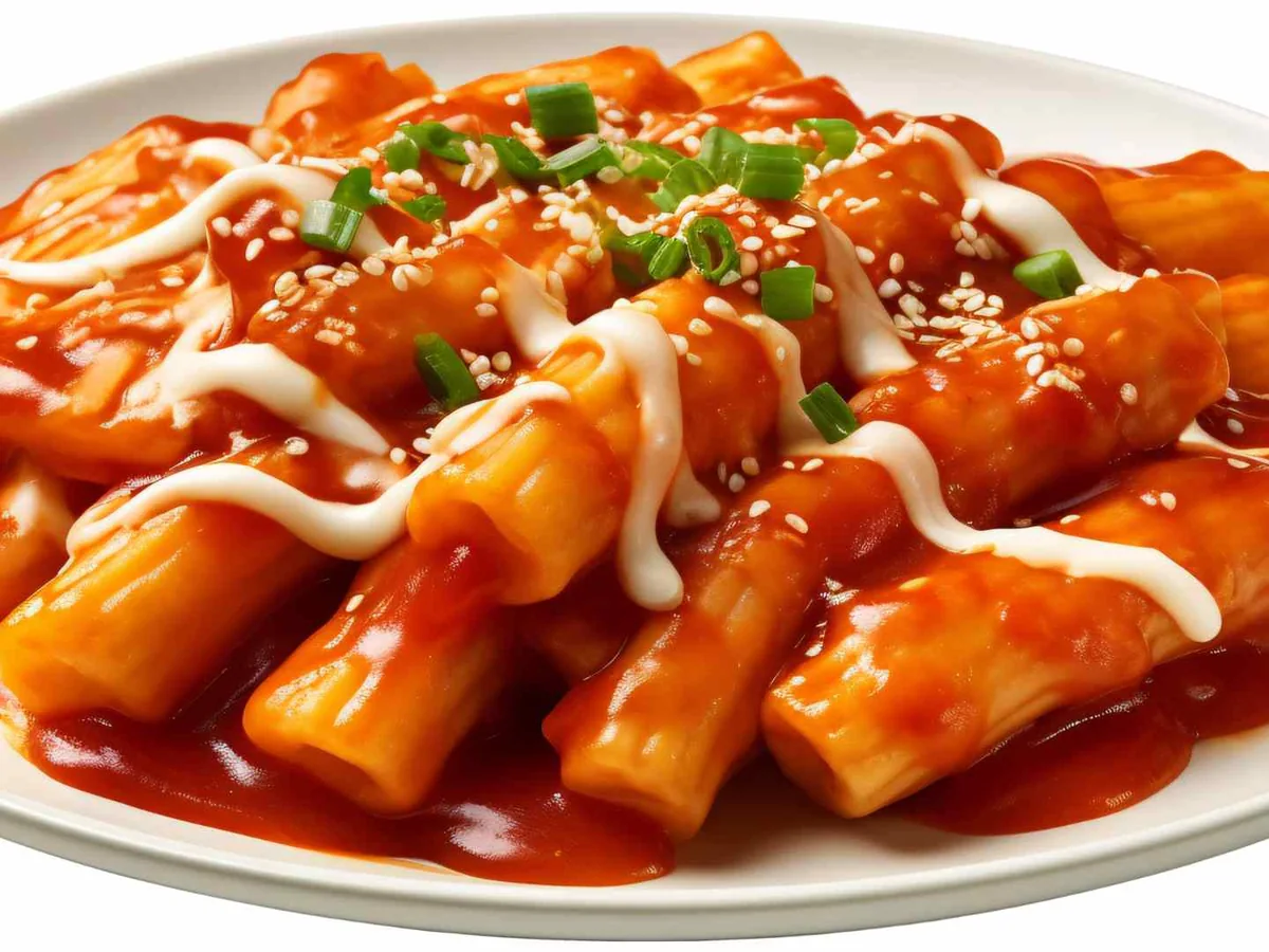 Spicy rice cakes in red sauce on a white plate