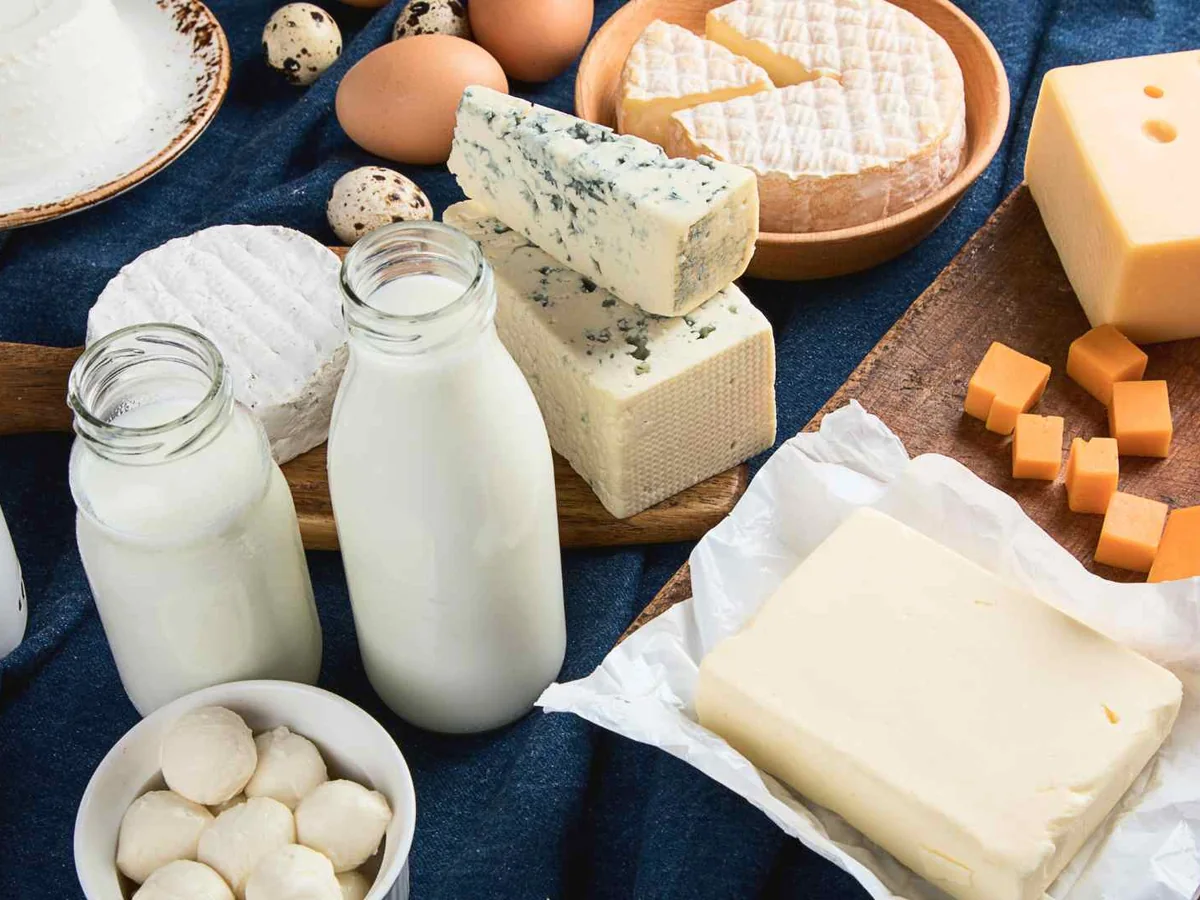 Assorted milk, cheeses, eggs, and other dairy foods