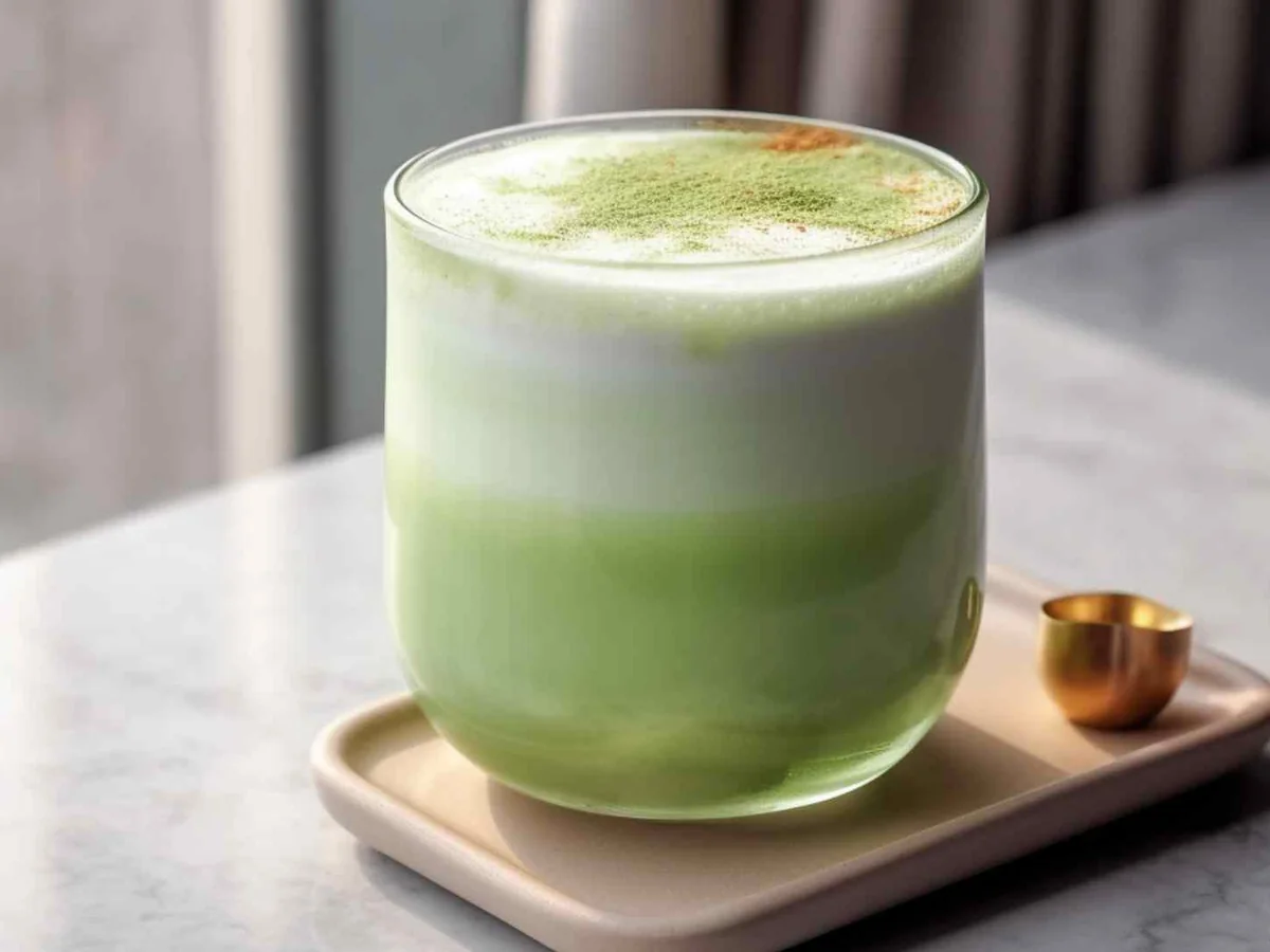 A pale green matcha drink in a clear glass