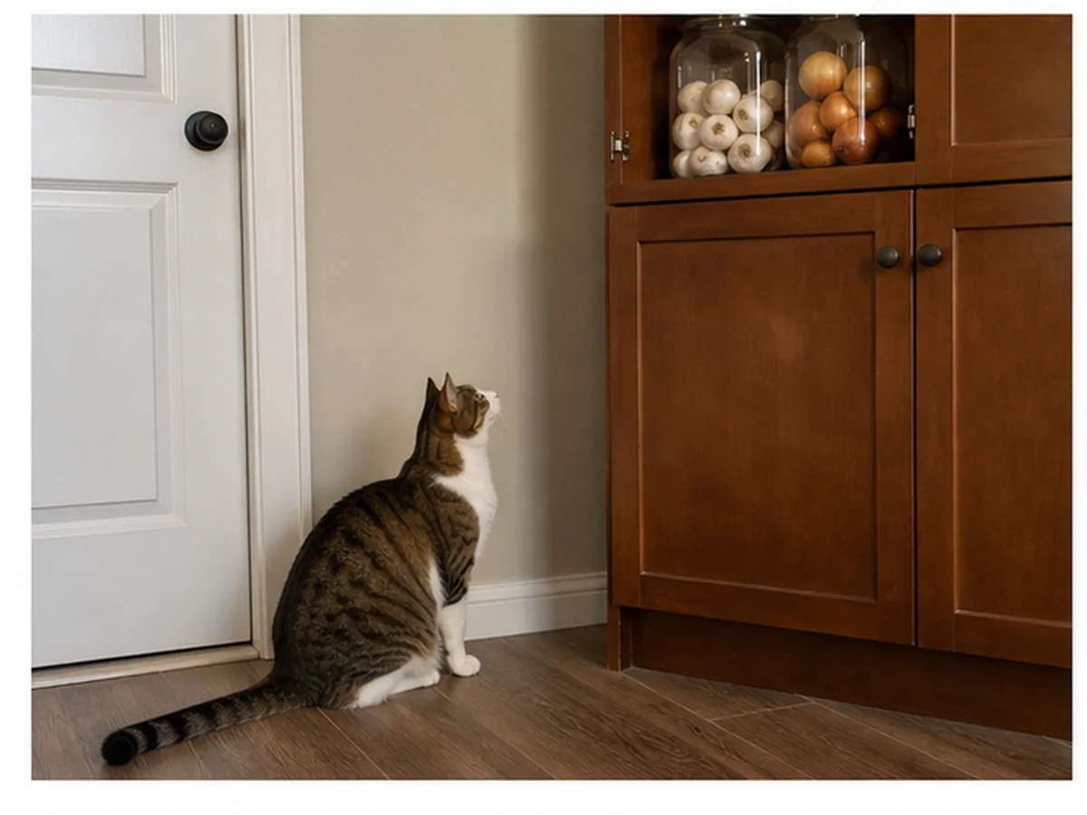 Cat safely separated from can cats not eat in a household scene about onion and garlic: the quiet repeat offenders