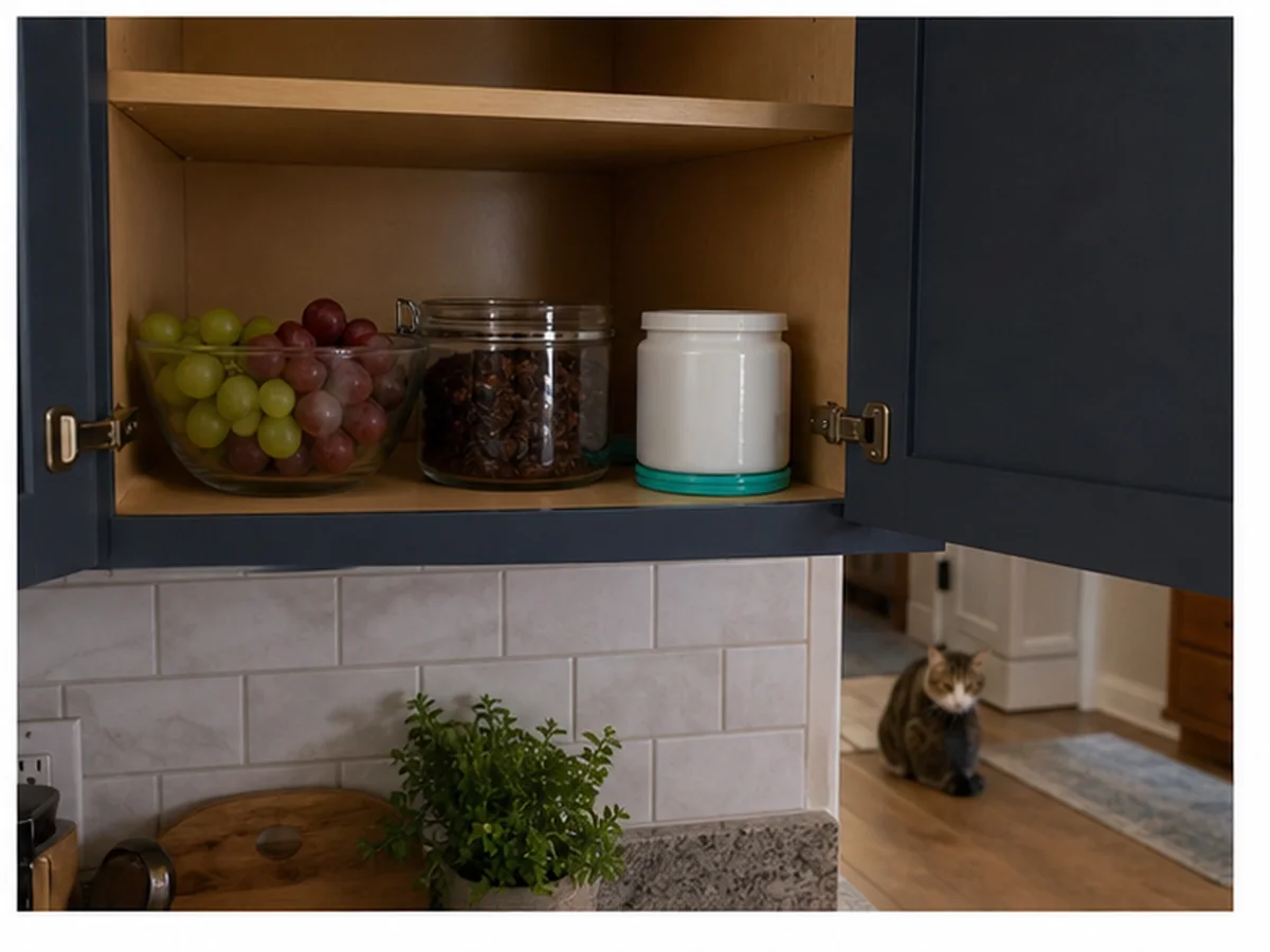 Cat safely separated from can cats not eat in a household scene about grapes, raisins, and xylitol: uncertainty is not permis