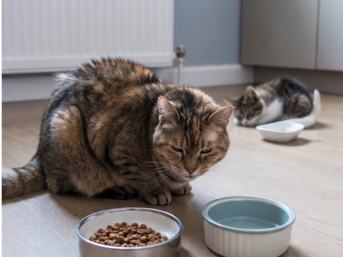 Cat safely separated from can cats not eat in a household scene about cats who need extra caution
