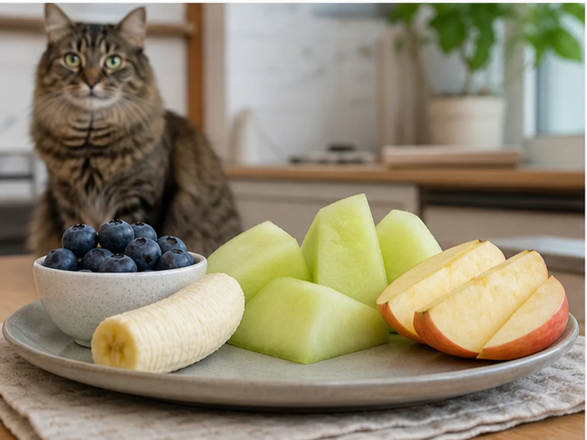 Cat safely separated from fruits can cats eat in a household scene about why cats do not need fruit