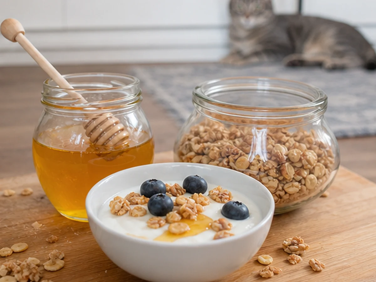 What Human Food Can Cats Eat arranged in a natural kitchen scene
