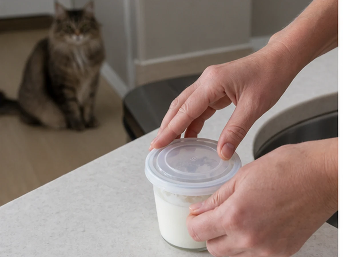 Cat kept behind a kitchen scene involving what human food can cats eat